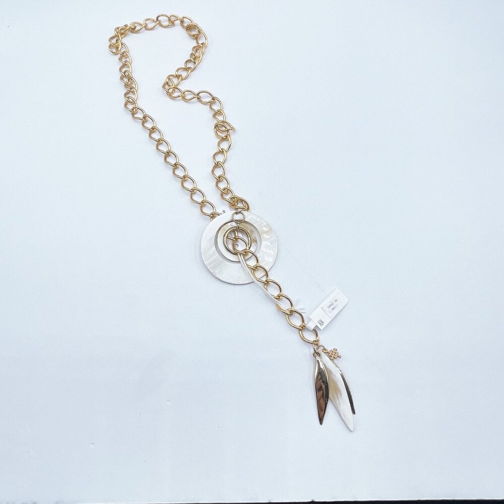 Akola Gold Chain Necklace With Mother-Of-Pearl Circle Pendant & Dangling Leaf Ch